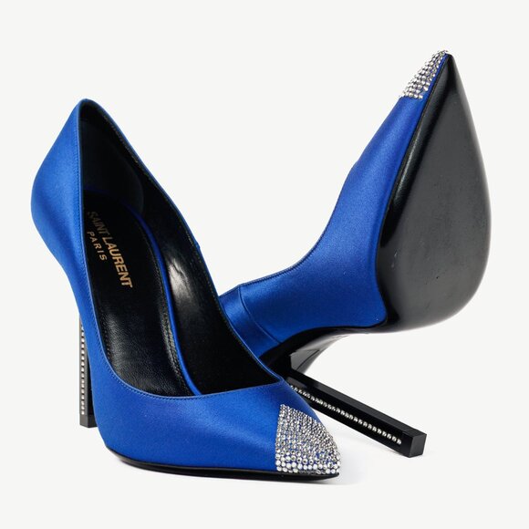 Saint Laurent Tower 110 Bleu Silk Satin Strass-Embellished Pointed-Toe Pumps - Picture 4 of 12